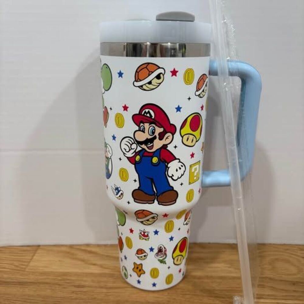 Super Mario 40 oz White Tumbler with Handle Lid and Straw New